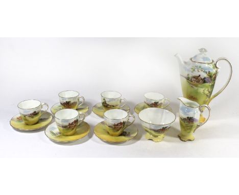 A Royal Doulton coffee serviceDecorated with rural cottages and scenes, comprising coffee pot, sugar basin, milk jug together