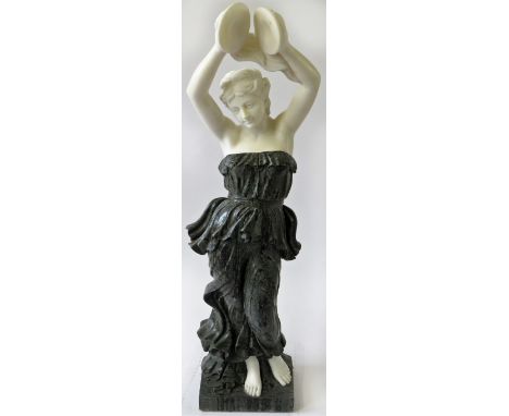 A good quality reproduction solid green and white marble figureModelled in the form of a maiden playing hand cymbals, raised 