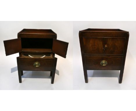 A George III mahogany night cupboardThe galleried top over two doors and lower commode drawer, raised on square legs with bra