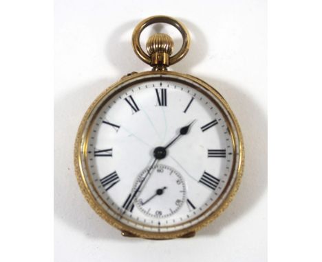 A ladies 18ct gold open faced pocket watchThe circular dial with Roman numerals and subsidiary seconds dial, diameter 35mm, t