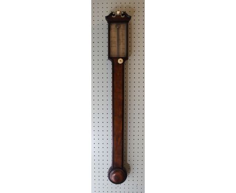 A Georgian walnut stick barometer By W & J Jones Holborn, with brass temperature dial and ivory finial, length 98cm 