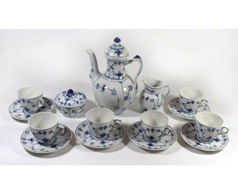 A Royal Copenhagen Blue Denmark pattern coffee setComprising coffee pot, milk jug, covered sugar basin, together with six cup
