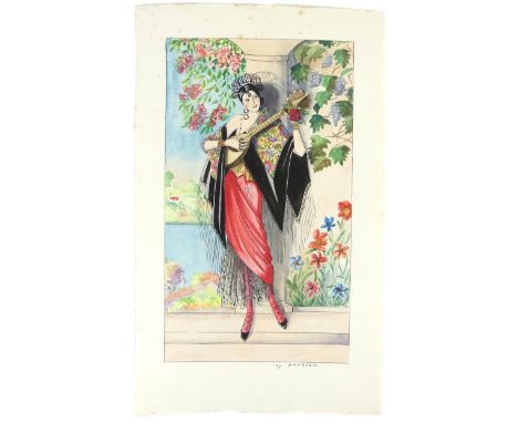 Ivy Hampton (20th Century) - 'Lady playing mandolin' Art Deco watercolour, signed, 36x22cm 