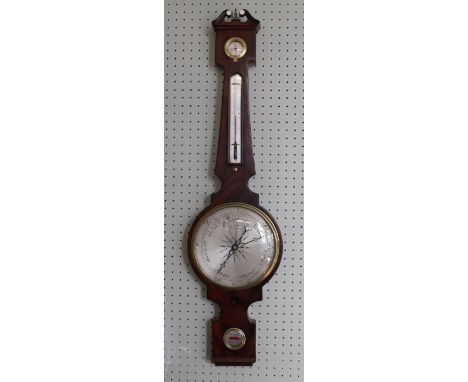 A 19th Century mahogany four glass banjo barometerWith 28cm silvered principle dial, shaped tapering case surmounted by broke