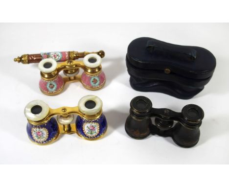 A pair of 19th Century enamel and mother of pearl on brass opera glassesPainted with floral sprays on blue, together with a s