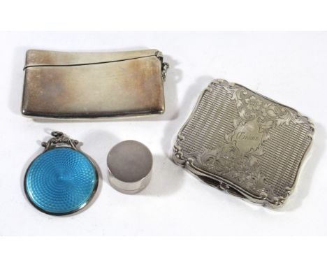 A selection of silver itemsTo include a 1920s silver and enamel backed mirror, a silver compact, a silver card case and a sil