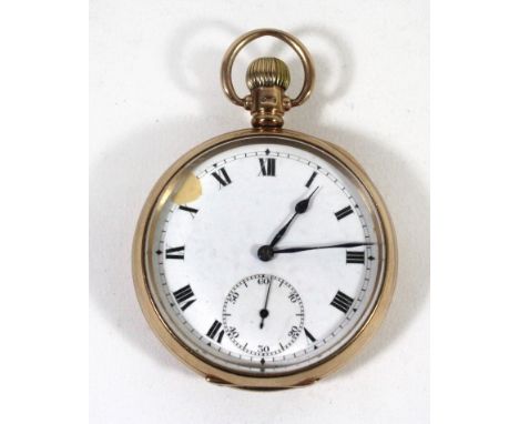 A 9ct gold open face pocket watchThe circular enamel dial with Roman numerals and subsidiary seconds dial, diameter 45mm, tot