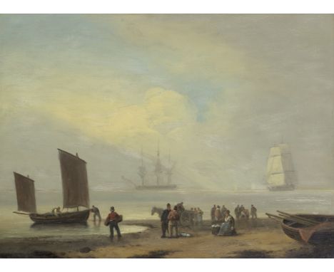 Thomas Luny (British, 1759-1837)'Calm seashore, fishermen' signed and dated 'Luny 1826' (lower left)oil on panel30.5 x 40.7cm