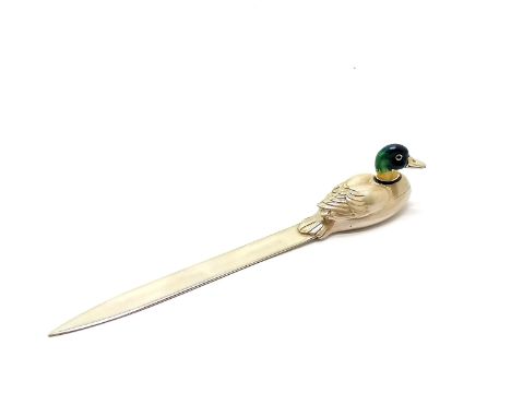 Silver hallmarked letter opener with enamel headed duck design handle by Mark Houghton Ltd - 15.5cm long &amp; 46g total weig