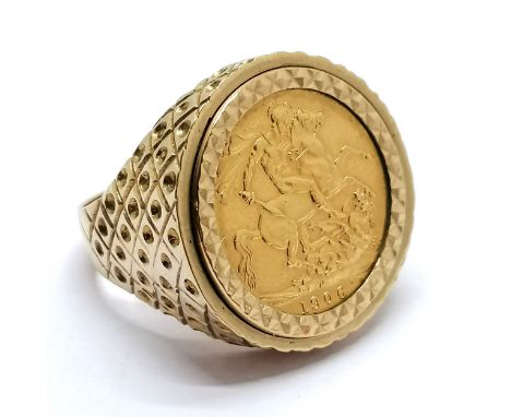 9ct hallmarked gold mounted 1906 KEVII sovereign coin as a ring - size X &amp; 17.7g total weight 