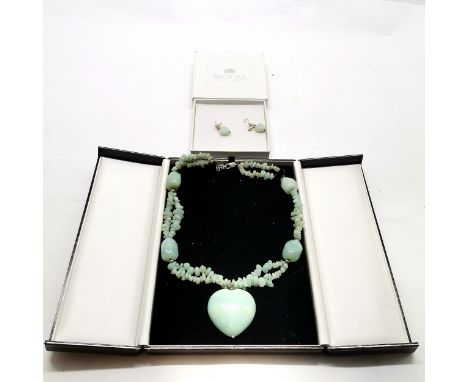 Chunky hardstone / jadeite necklace with heart pendant with a silver clasp (42cm long) t/w pair of silver mounted associated 