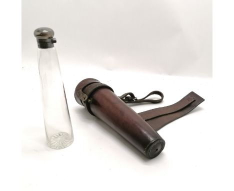 Antique leather cased stirrup flask with silver top and tapered jar - dents to lid otherwise in good used condition 