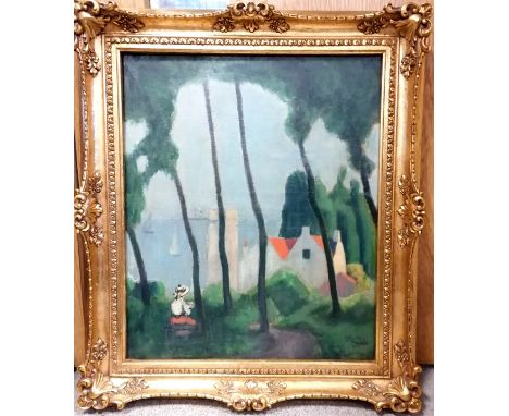 Signed continental oil on canvas painting of a lady sat at a bench overlooking the sea and a building - 74cm x 64cm NOTE : th