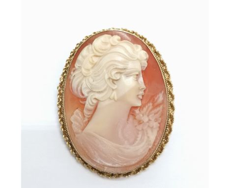 9ct hallmarked gold hand carved cameo shell portrait brooch - 4.2cm drop &amp; 10.8g total weight 