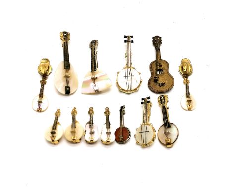 Collection of vintage musical instrument (cello, balalaika, guitar, banjos etc) brooches + earrings inc mother of pearl - lon