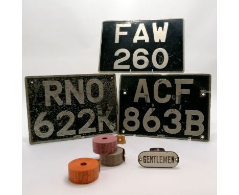 3 x number plates, 3 x unused rolls of bus tickets (Ipswich Borough Transport) &amp; antique enamel Gentlemen plaque (10cm ac