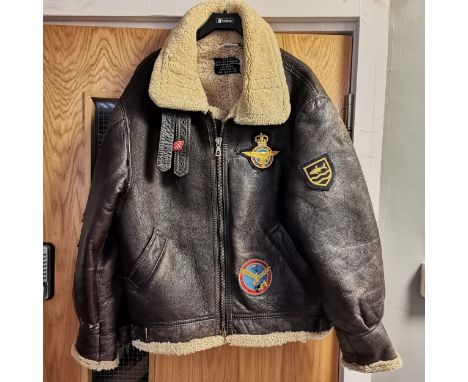 US Army style Type B-3 flying jacket (116cm chest) with applied badges inc RAF, German etc ~ has several repairs / damage 