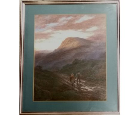 Framed original 1891 watercolour painting by Robert Dobson (1860-1901) of a pair of travellers on a mountain path - 58cm x 50