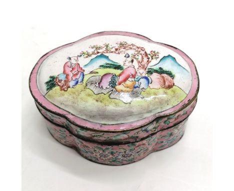 Antique Chinese Cantonese enamel pink grounded shaped box with lid - 10cm across &amp; 5cm high ~ slight a/f to edges and sli