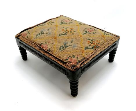 Antique tapestry topped footstool with bobbin turned legs &amp; beaded detail to border - 36cm x 31cm x 14cm high ~ a/f