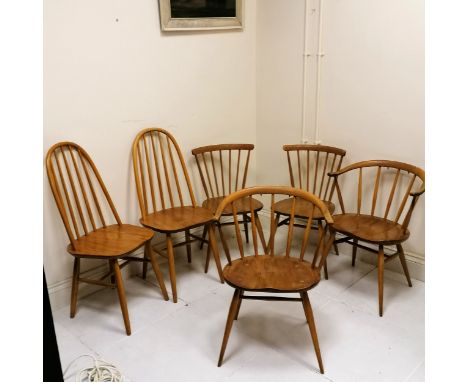 3 pairs of Mid 20th C Ercol chairs tallest pair 97cm high and all in overall good used condition 
