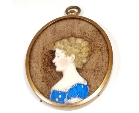 Framed original portrait miniature of a young lady in a blue dress - 7cm high 