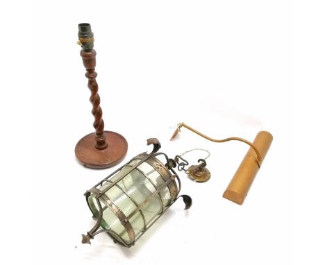 1930's Art &amp; Crafts style anodised steel cylinder light fitting (42cm drop to rose) t/w oak barleytwist table lamp &amp; 