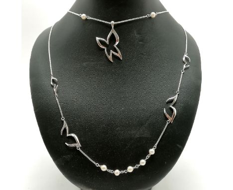 Silver stylised double strand pearl set necklace - 74cm long &amp; 18.6g total weight 