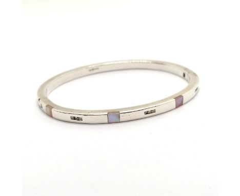 Heavy gauge silver bangle set with white stones and mother of pearl - 27g total weight &amp; 6.5cm across 