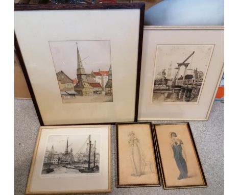 3 x framed engravings of Amsterdam / Honfleur signed by E C Ashworth (largest 46cm x 39cm) t/w 2 x framed costume prints 