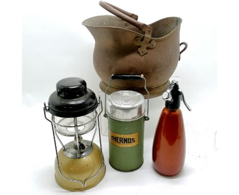 Copper coal scuttle, Tilley lamp, soda syphon &amp; thermos flask 