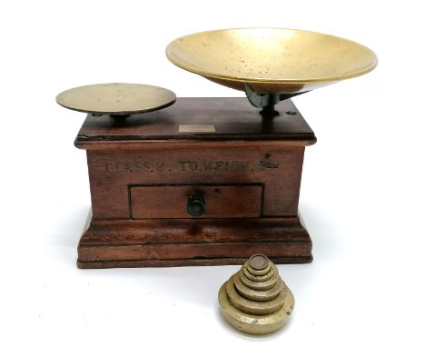 Antique balance scales with drawer containing some weights - 25cm x 14cm x 22cm high &amp; bears a label for S Mawson &amp; T