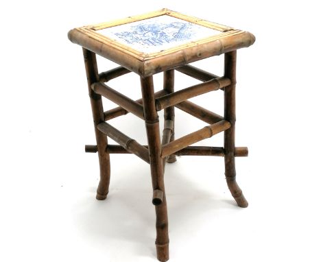 Antique bamboo table with inset blue and white tile panel top depicting hunting dog &amp; birds - 47cm high x 29cm square ~ s