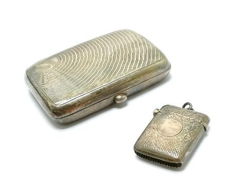 Antique Art Deco silver cigarette case with sunburst engine turned detail - 8cm x 6cm t/w hand engraved silver vesta case ~ 7