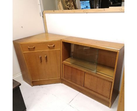 Mid 20th C G Plan corner bureau stamped inside the door T/W a matching glazed cabinet bureau size 99cm wide x 70cm deep x 85c