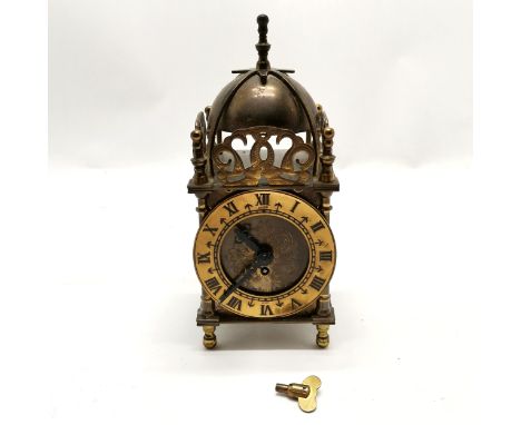 Smiths mechanical reproduction Cromwell style brass mantle clock (with original key)  - 18cm high &amp; runs but WE CANNOT GU