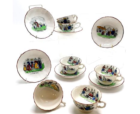 6 x Victorian Welsh costumes cups with saucers (13.5cm diameter) ~ slight wear to decoration and firing fault to 1 cup otherw