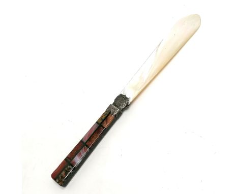 Antique Scottish hardstone agate handled paper knife / page turner with mother of pearl blade &amp; unmarked hand chased silv