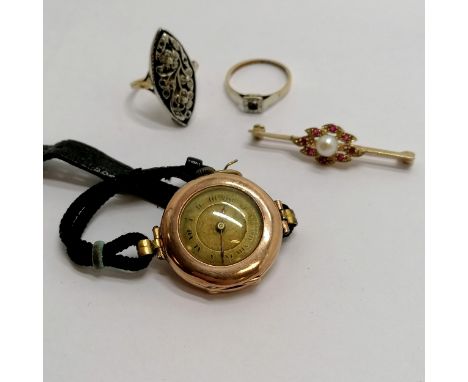 9ct marked gold ruby &amp; pearl set bar brooch - 4cm &amp; 3g total weight t/w foreign marked (touch tests as 18ct gold shan