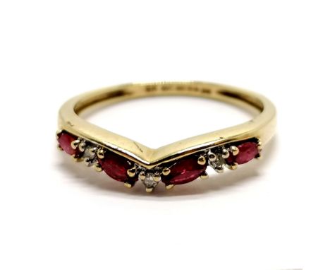 9ct hallmarked gold ruby &amp; diamond wishbone shaped ring - size P &amp; 1.5g total weight ~ note 1 side of the head of the