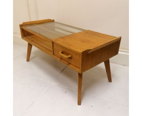 Mid 20th C G Plan oak coffee table with glazed insert to top, single drawer and magazine shelf 89cm long x 40cm deep x 41cm h