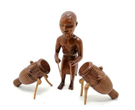 Lagos school of art hand carved wooden figure of a male Ntumpane drummer with 2 drums (28cm high) attributed Osei Bonsu - has