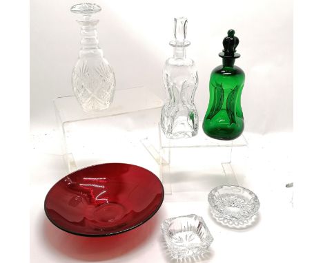 3 x glass decanters (inc 2 x dimple design, 1 green), art glass red dish (28cm diameter), Waterford crystal ashtray etc 