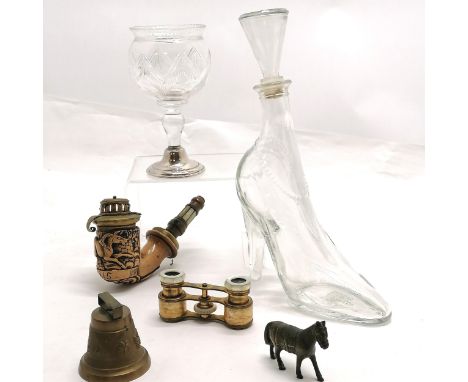 Glass posy vase with sterling silver base (bottom a/f), Kefla shoe decanter (27cm high), Meerschaum pipe bowl with brass lid,