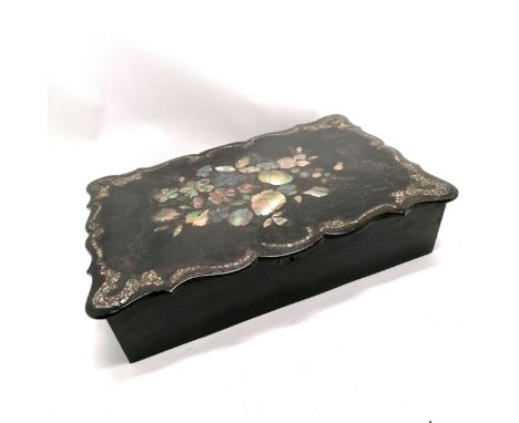Antique papier Mache and mother of pearl inlaid writing slope. One hinge needs screws., crackeling to the top decoration and 