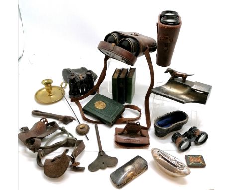 4 x binoculars (all cased &amp; in poor condition) t/w a pair of spurs, 4 x book moneyboxes, Art Deco dog inkwell (lacks well