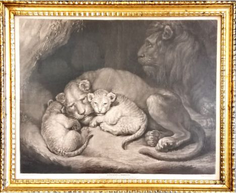 Framed 1793 mezzotint 'Lioness and whelps : whelped in Tower of London in 1792' by Richard Earlom (1743-1822) after James Nor