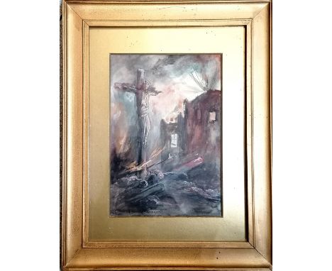 1915 / WWI framed watercolour painting by George Howell Baker (1871-1919) of a man burning on a cross (book illustration?) - 