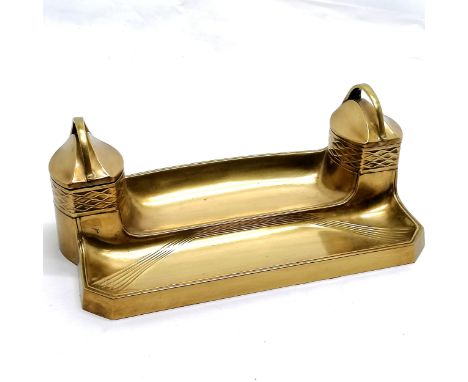 WMF Art Nouveau brass deskstand with 2 inkwells with original glass liners - 27cm across x 10cm high ~ has signs of later lac