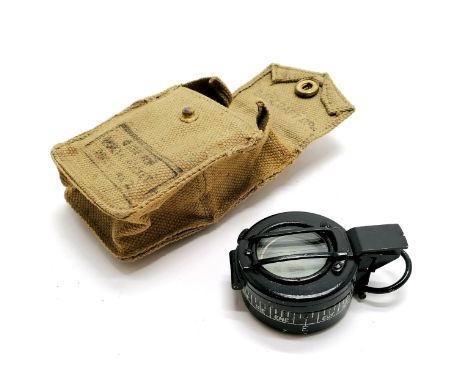 WWII 1943 dated military marching compass in a Bagcraft Ltd canvas pouch 